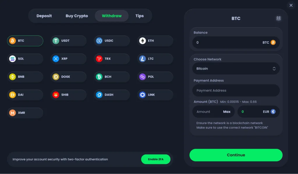 Jack.com withdrawal cashier showing the 17 supported coins (left panel) and BTC withdrawal configuration (right panel).