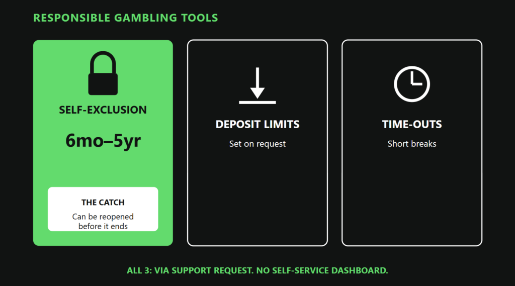 Infographic of responsible gambling tools: self-exclusion for 6 months to 5 years, deposit limits, and time-outs, requested via support.
